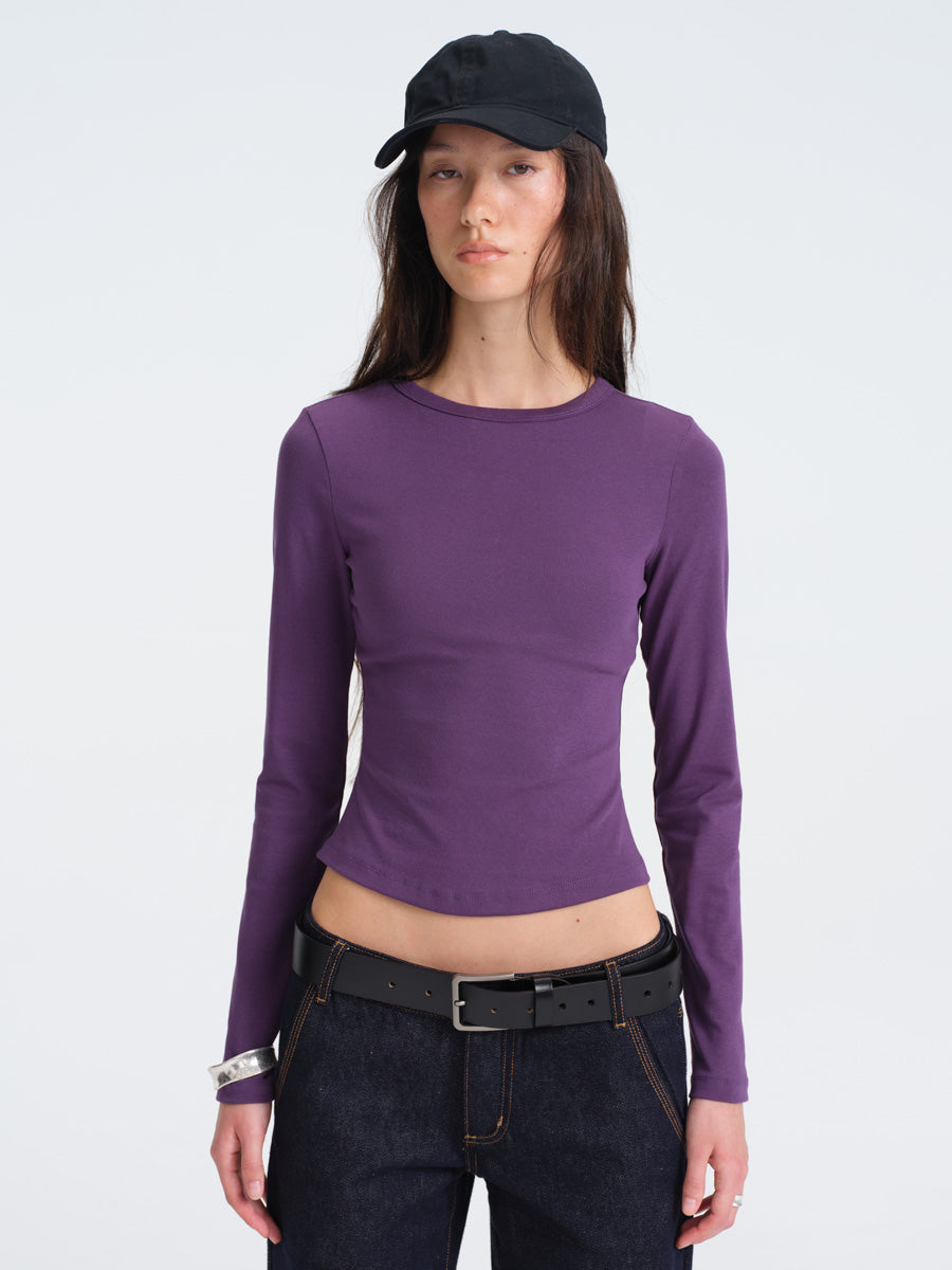 Hughum Solid Color Crewneck Knit Long Sleeve Top