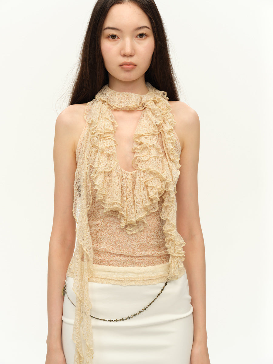 Dotyears Two-tone lace panel halterneck top