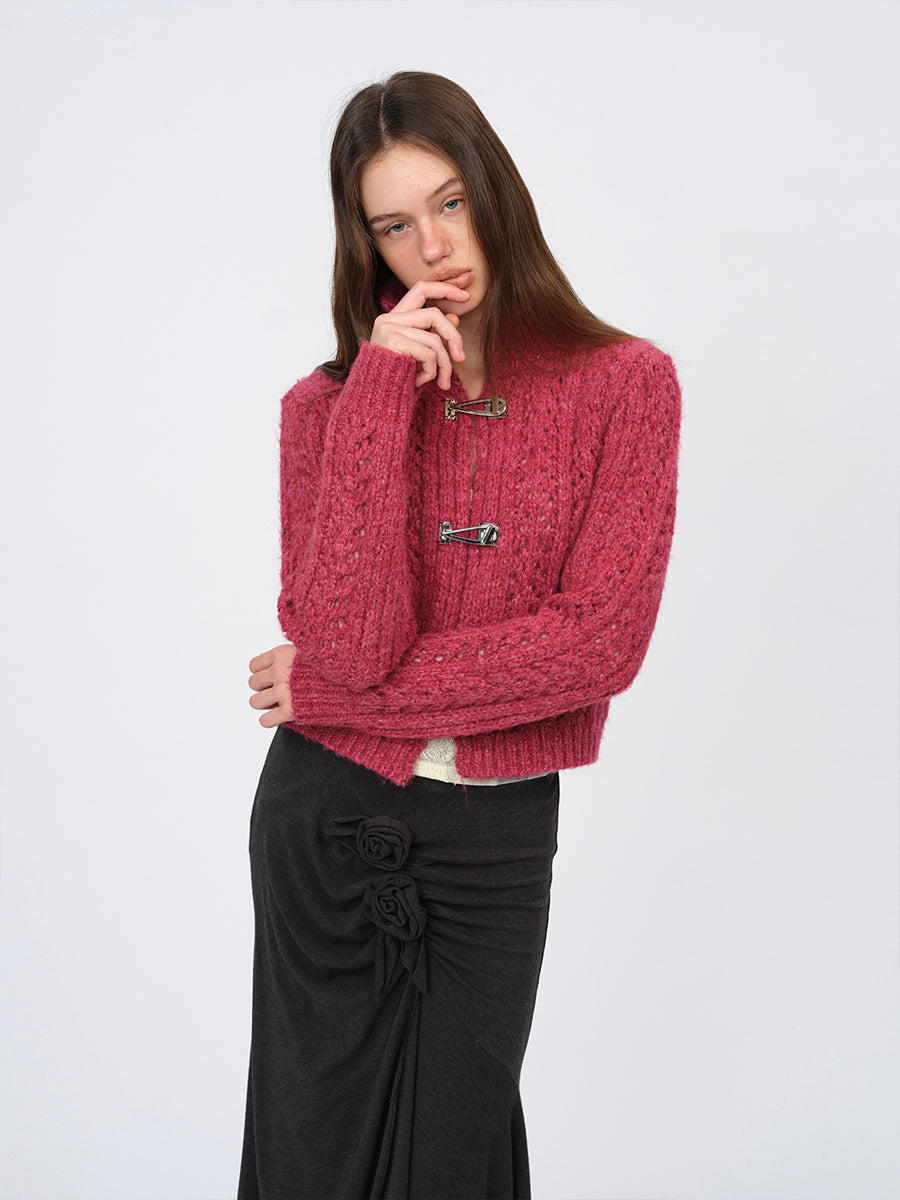 Dotyears Two-Tone Openwork Chunky Knit Cardigan with Wooden Buttons