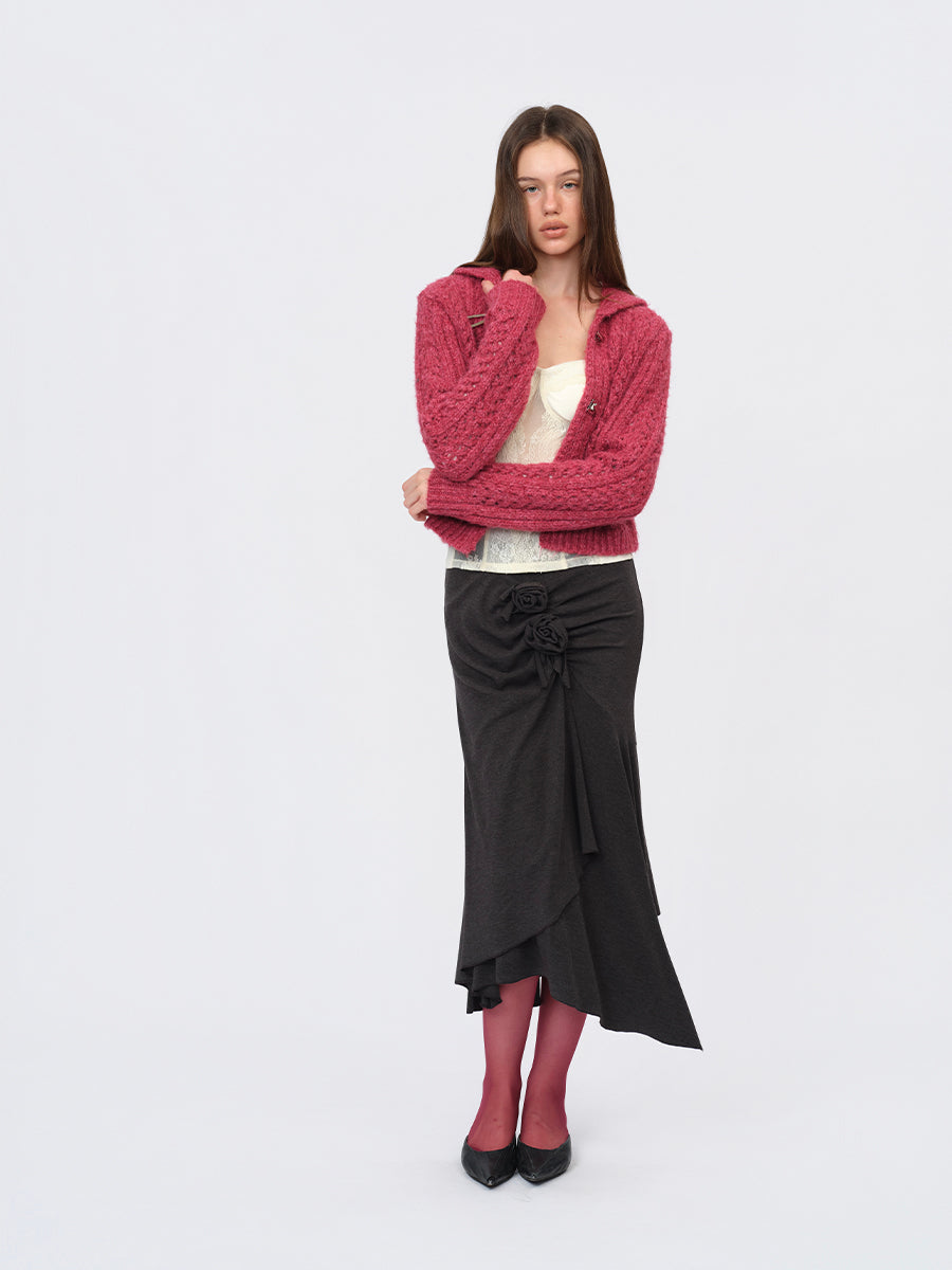 Dotyears Two-Tone Openwork Chunky Knit Cardigan with Wooden Buttons