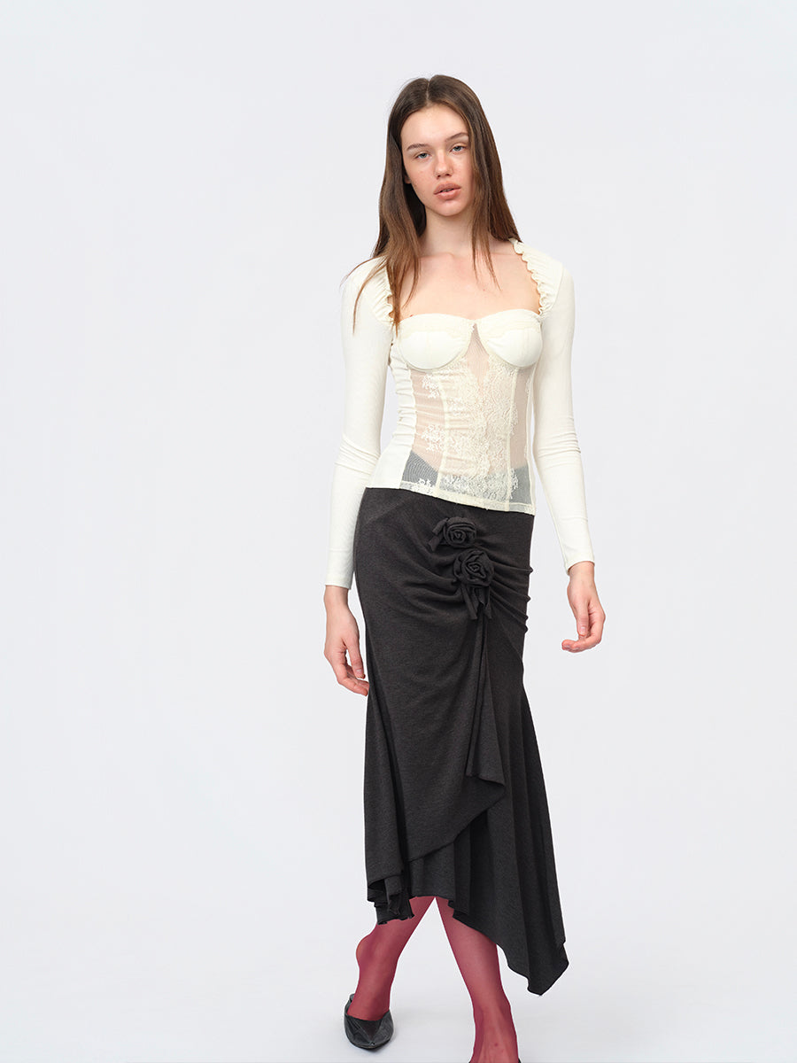 Dotyears Gray Knit Pleated Maxi Dress with Hand-Embellished Details