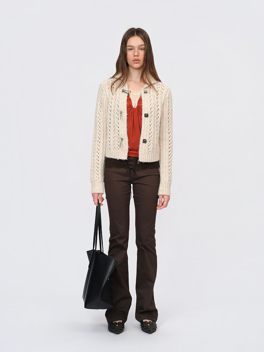 Dotyears Two-Tone Openwork Chunky Knit Cardigan with Wooden Buttons