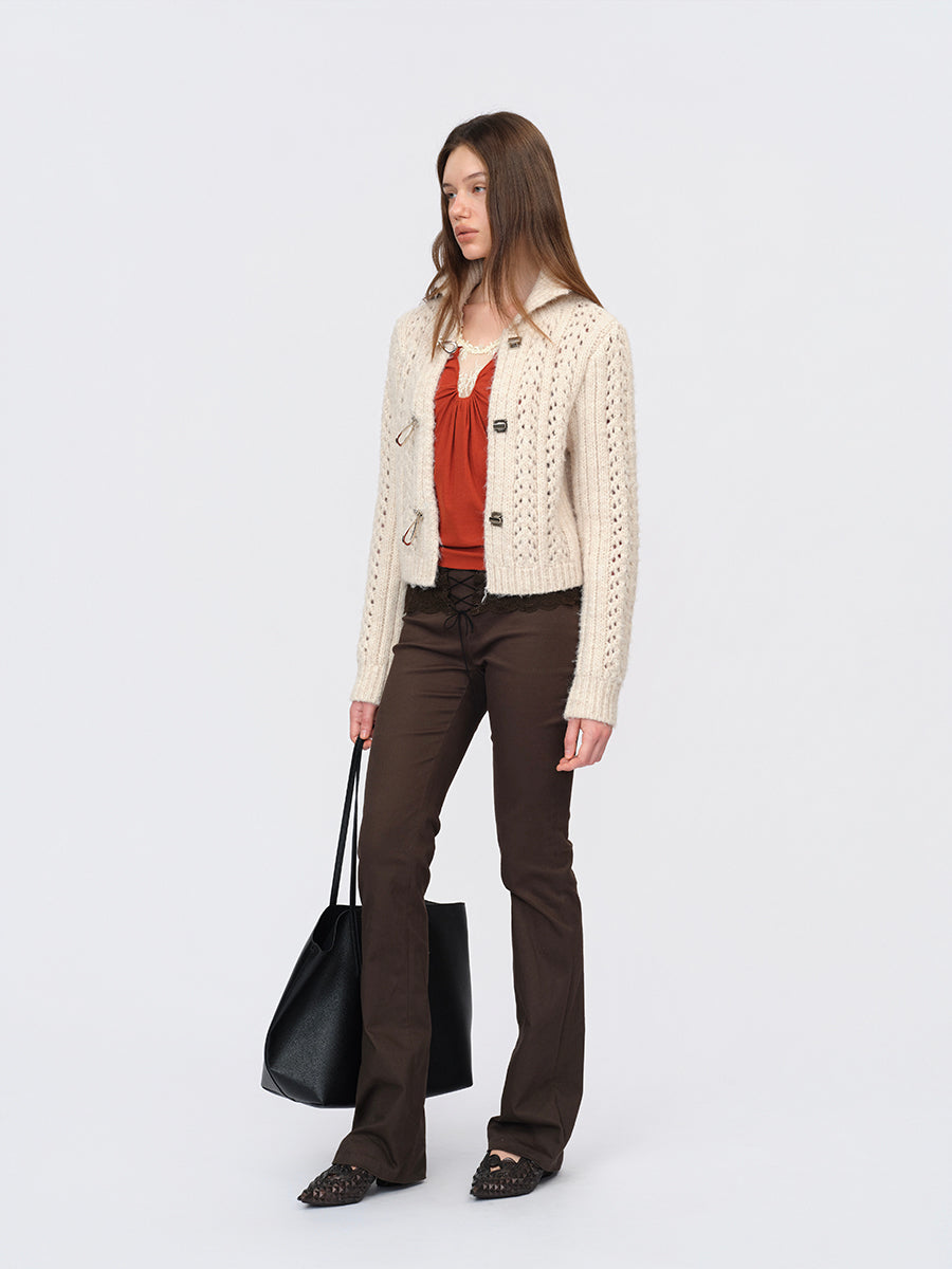 Dotyears Two-Tone Openwork Chunky Knit Cardigan with Wooden Buttons