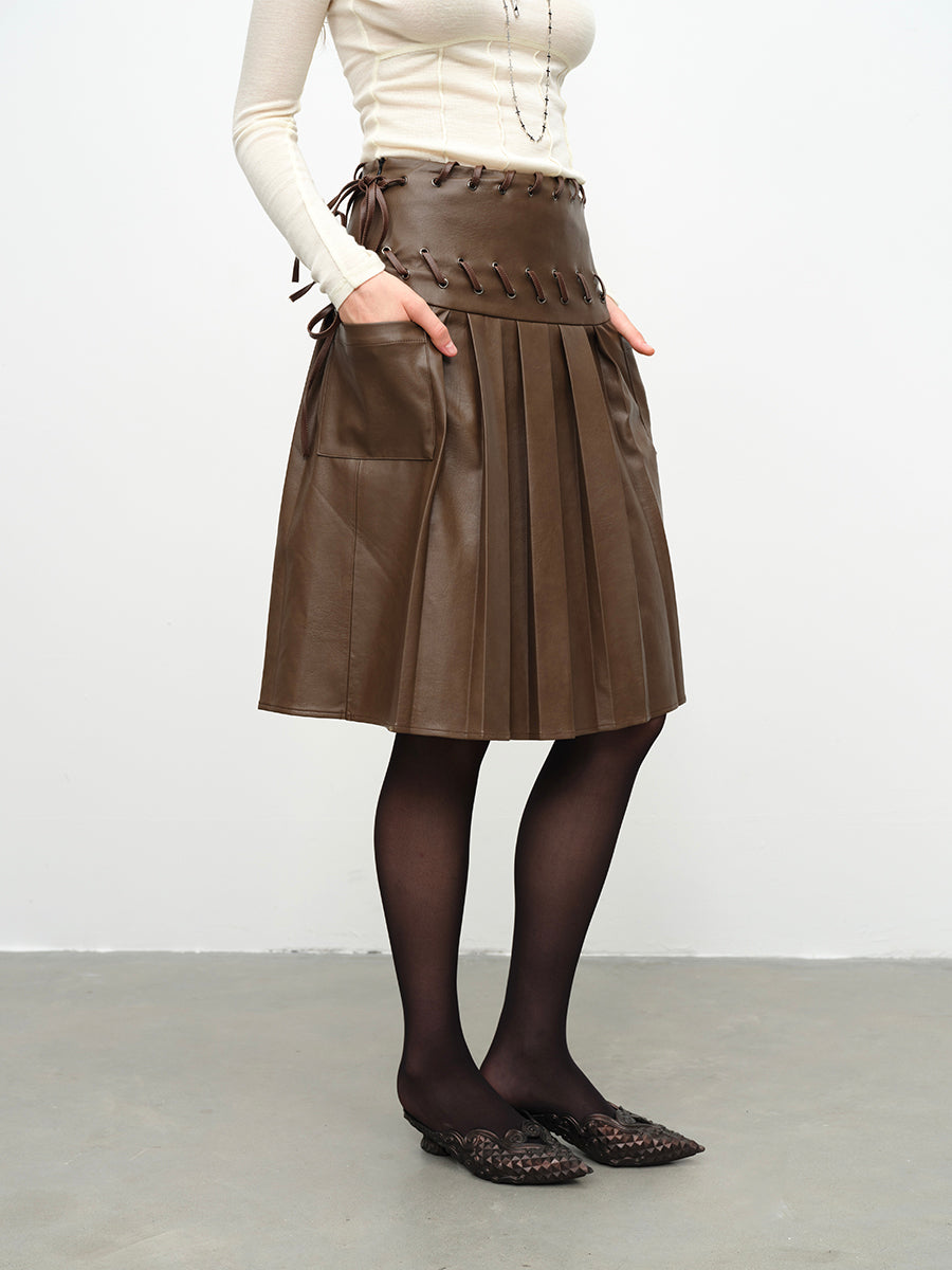 Dotyears24AW Heavy industry machine eye lace brown pleated leather skirt