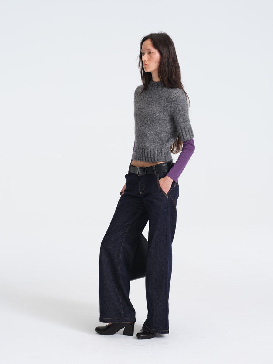 Hughum Gray Chunky Knit Mid-Sleeve Sweater