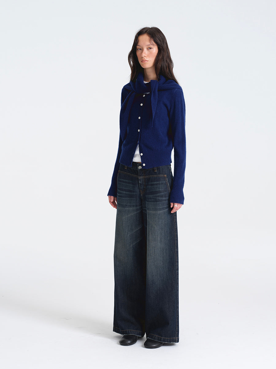 Hughum Navy Blue Openwork Wool Cardigan