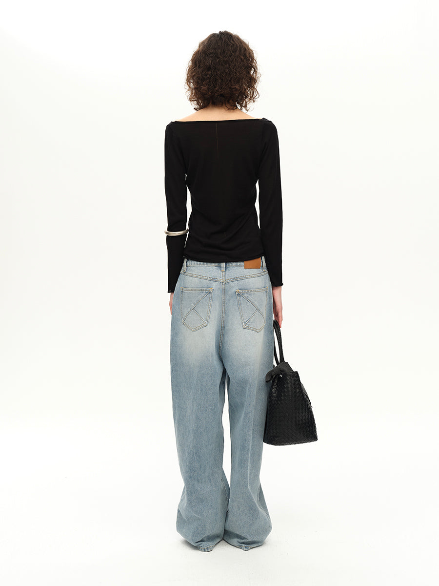 Hughum V-neck Tencel knit cut-out yellow black long sleeves