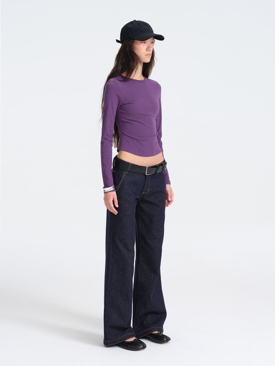 Hughum Solid Color Crewneck Knit Long Sleeve Top