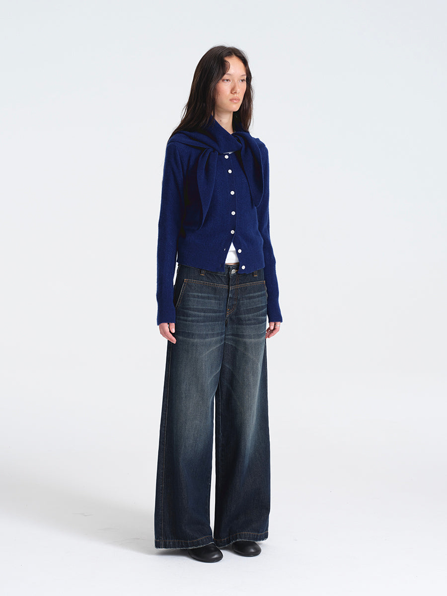 Hughum Navy Blue Openwork Wool Cardigan