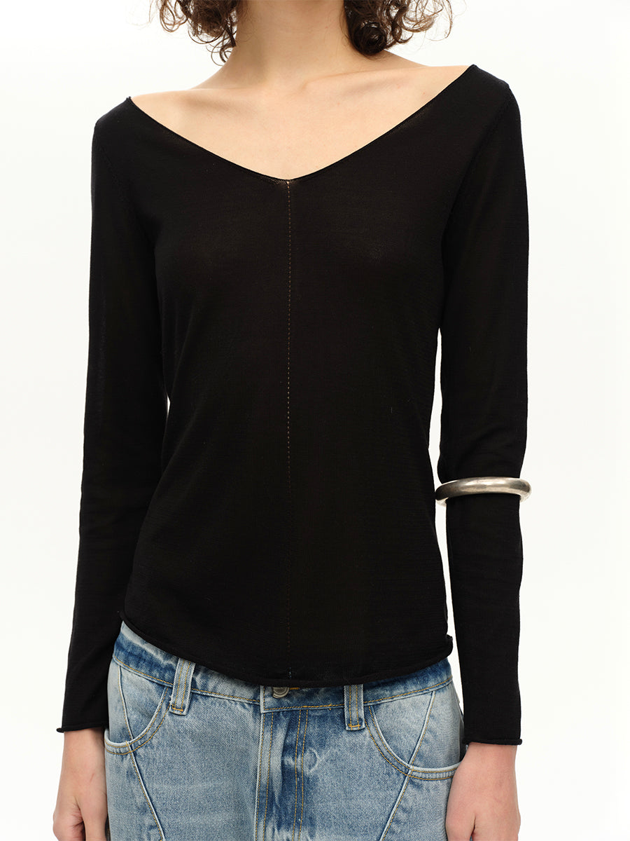 Hughum V-neck Tencel knit cut-out yellow black long sleeves