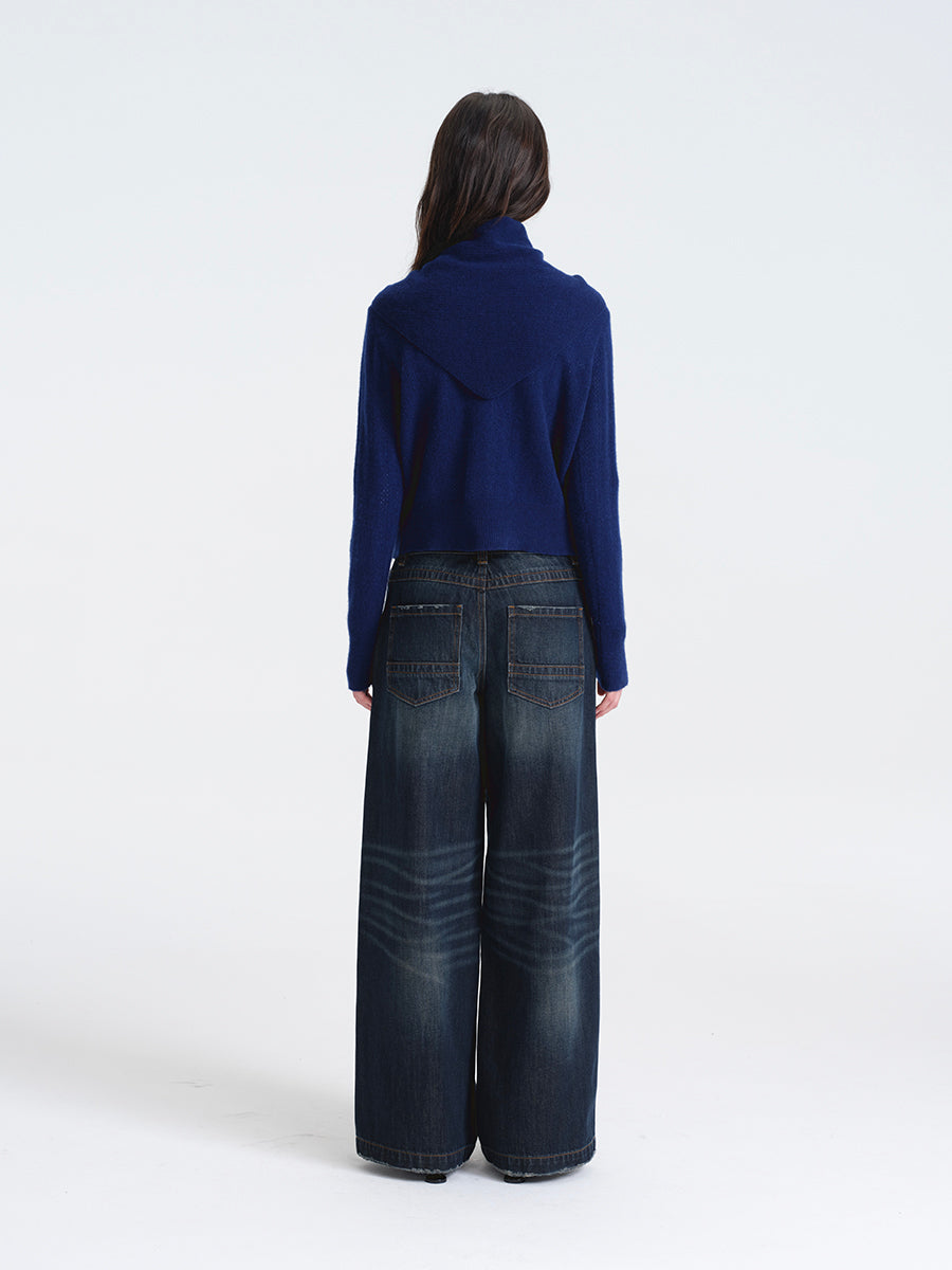 Hughum Navy Blue Openwork Wool Cardigan