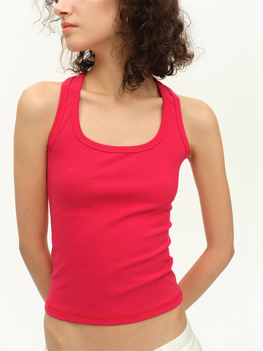 Hughum Square collar racerback rose red grey knitted vest