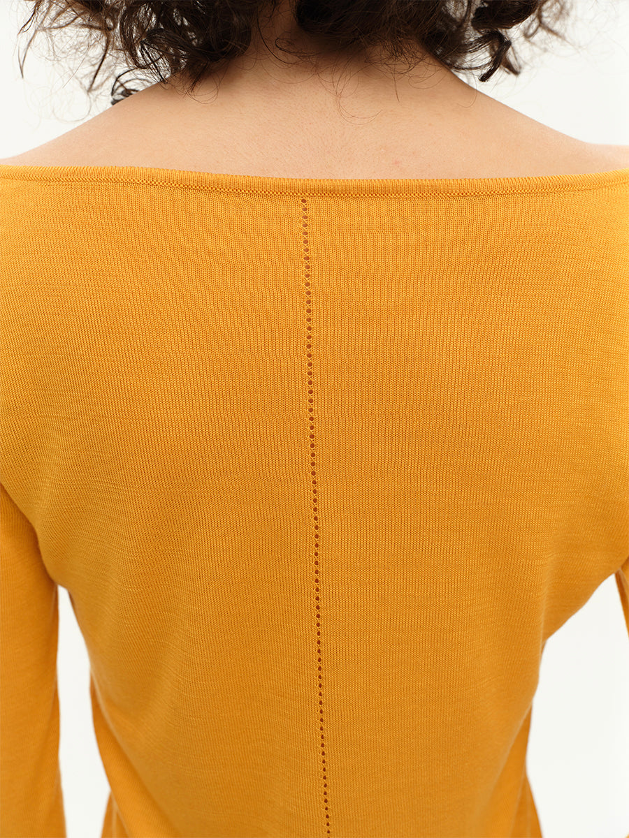 Hughum V-neck Tencel knit cut-out yellow black long sleeves