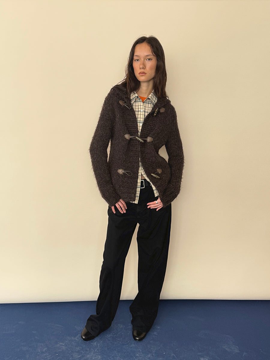 Hughum Café Brown Chunky Knit Sweater with Horn Buttons
