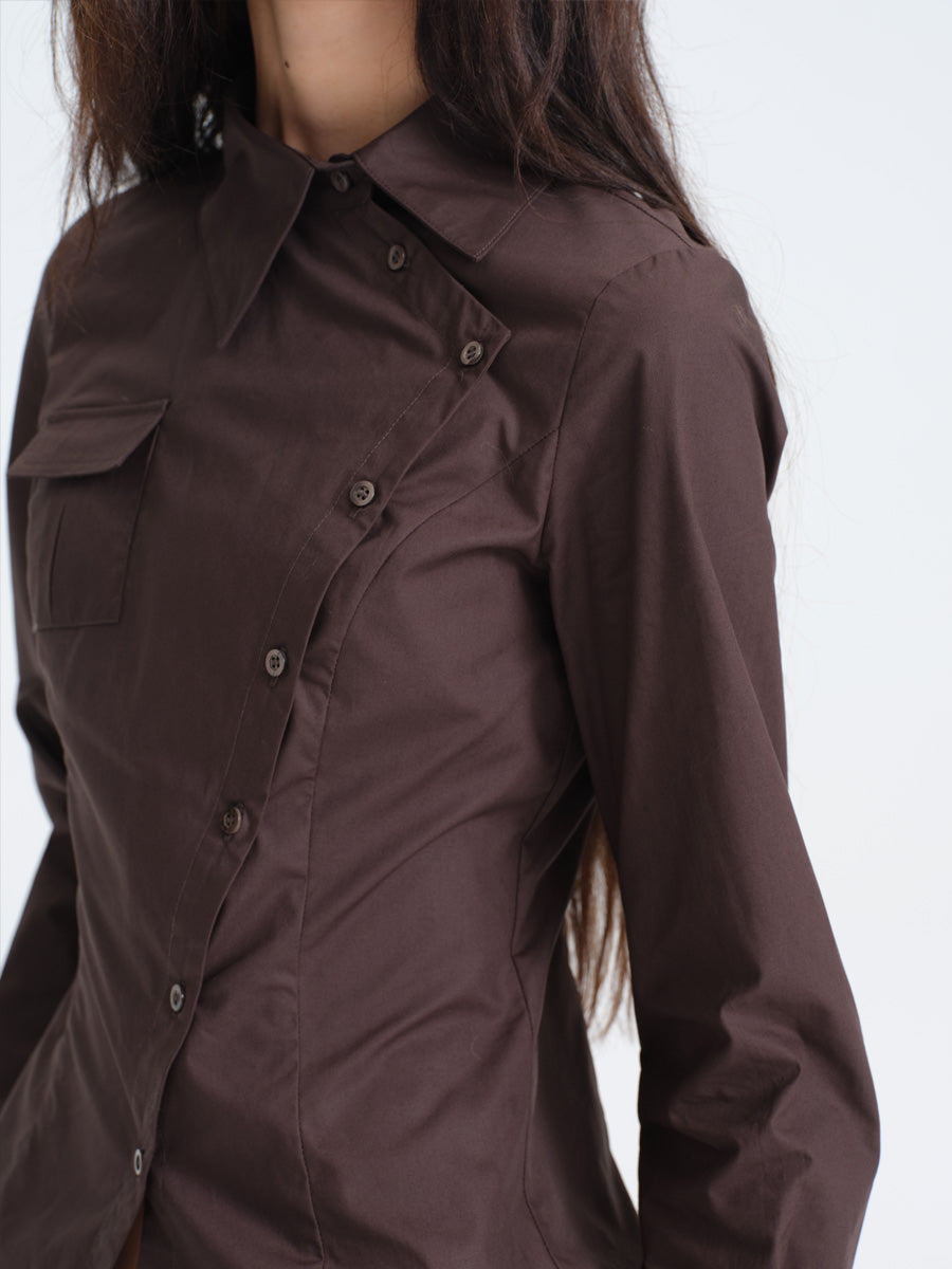 Hughum Café Brown Cotton Shirt with Asymmetric Placket and Waist Tie