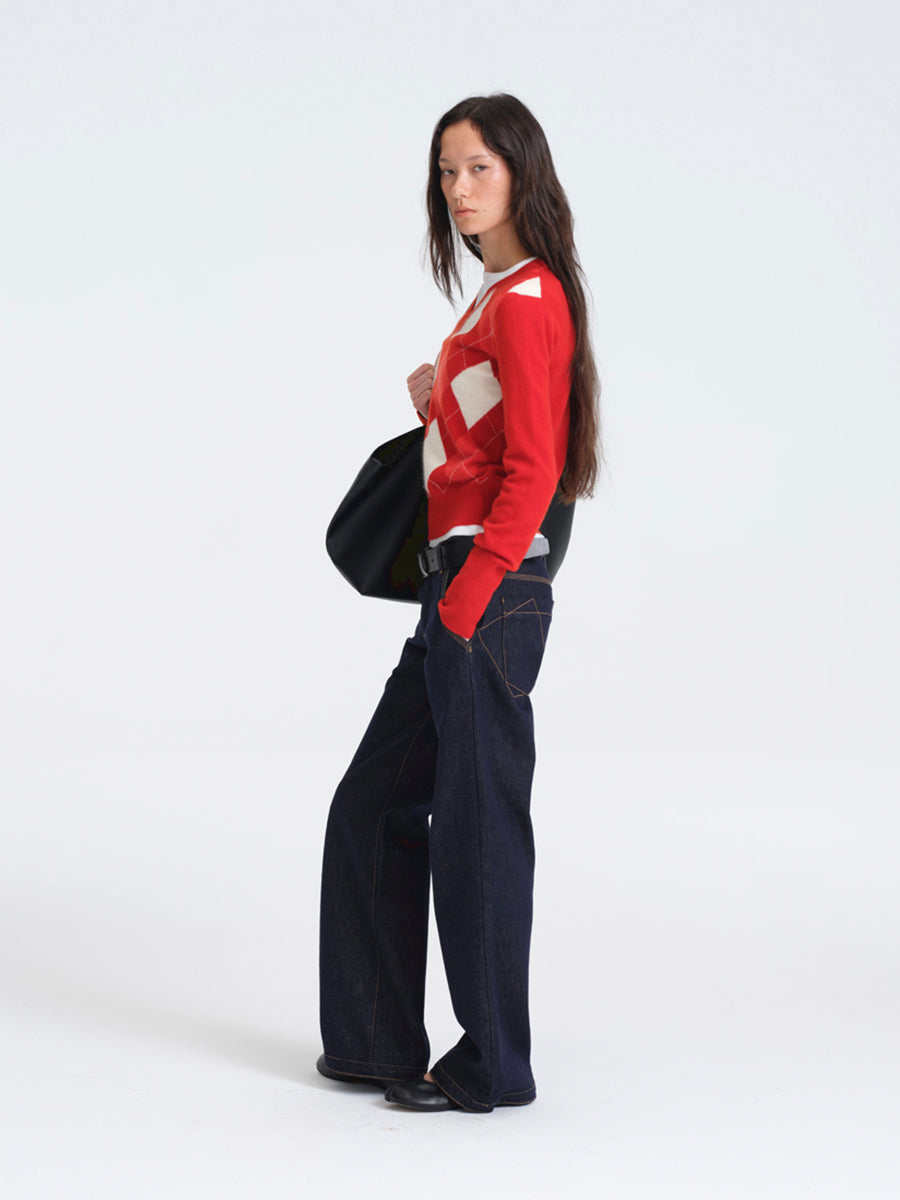 Hughum Red Wool Sweater with Diamond Pattern