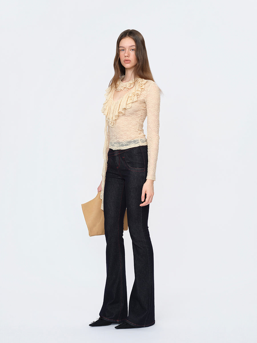 Dotyears Extended-Length Beige Top with Lace Trim