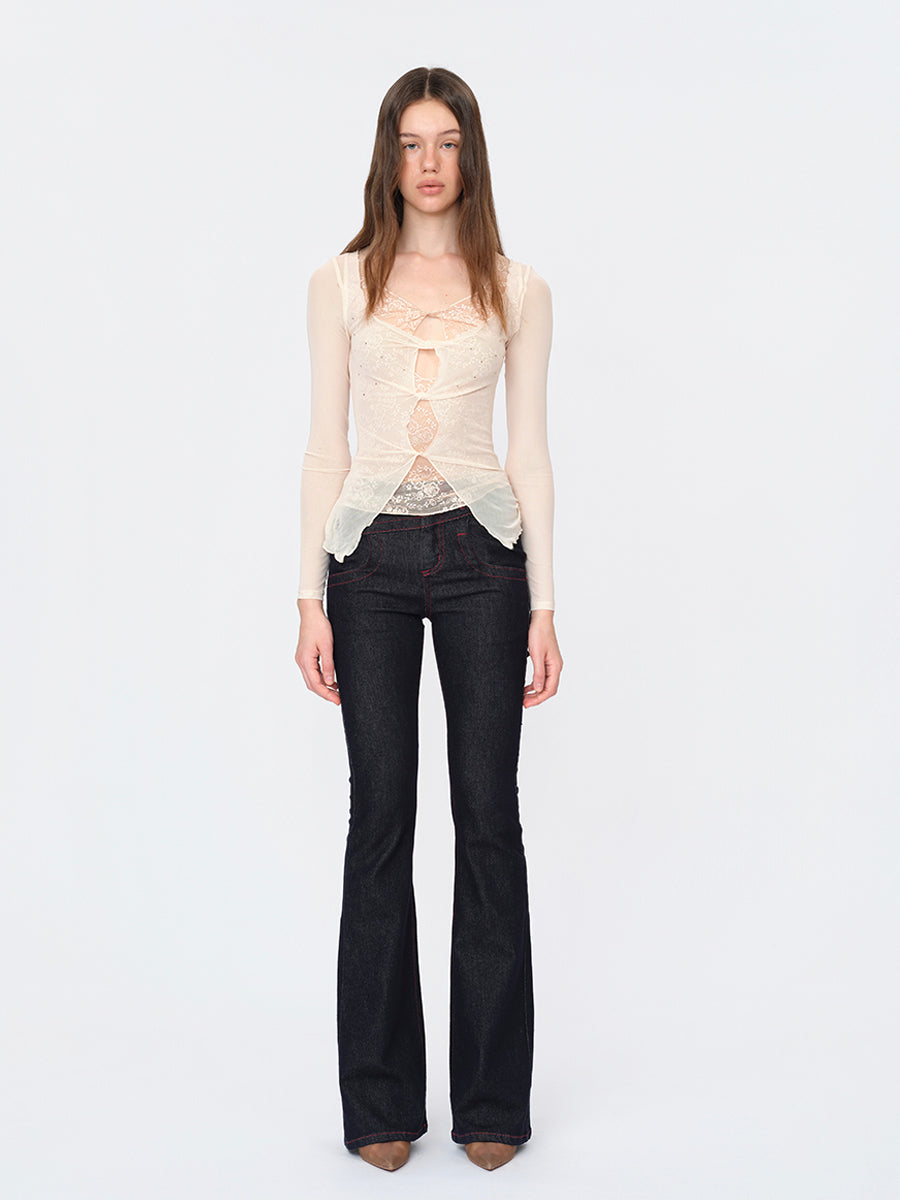 Dotyears Lace Mesh False-Layer Top with Rhinestone Details