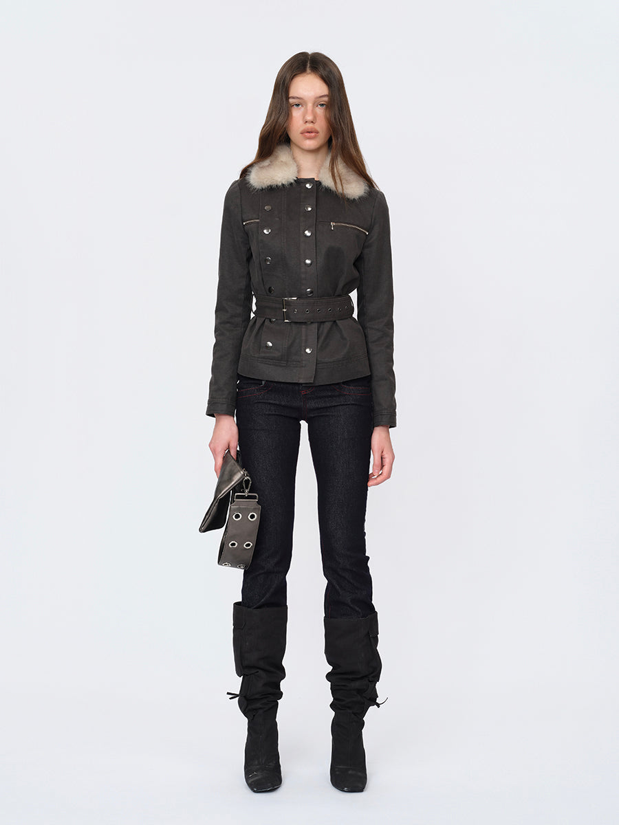 Dotyears Gray Crop Coat with Faux Fur Collar