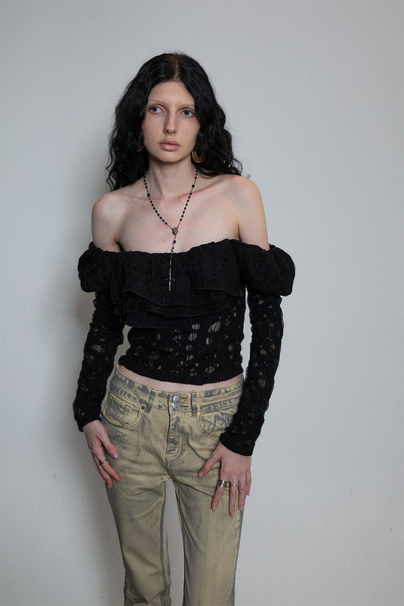 Dotyears One-shoulder neckline, ruffle lace, craft fabric, two wool tops