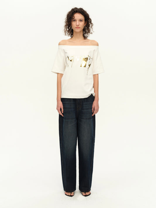 Hughum A bronzed shadow graphic print one-shoulder slanted shoulder Khmer T-shirt