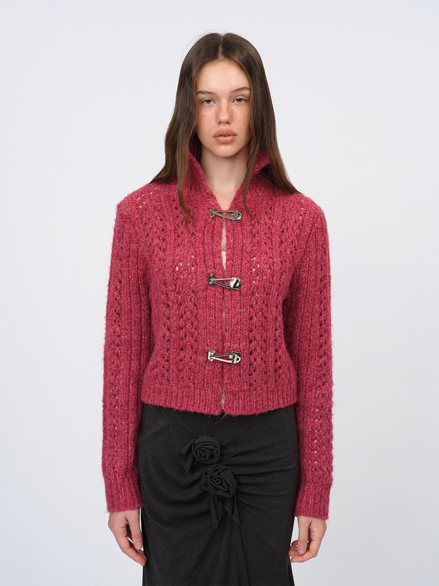 Dotyears Two-Tone Openwork Chunky Knit Cardigan with Wooden Buttons