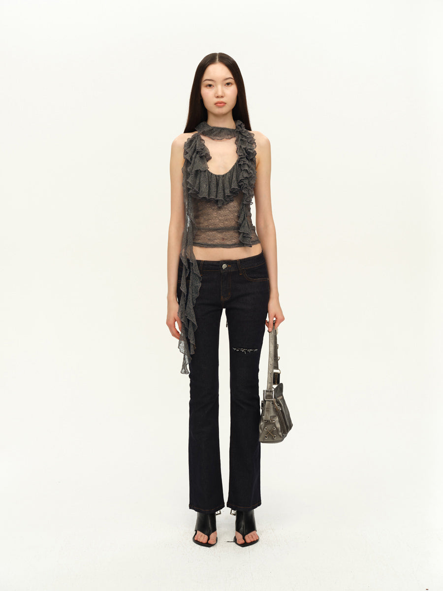 Dotyears Two-tone lace panel halterneck top