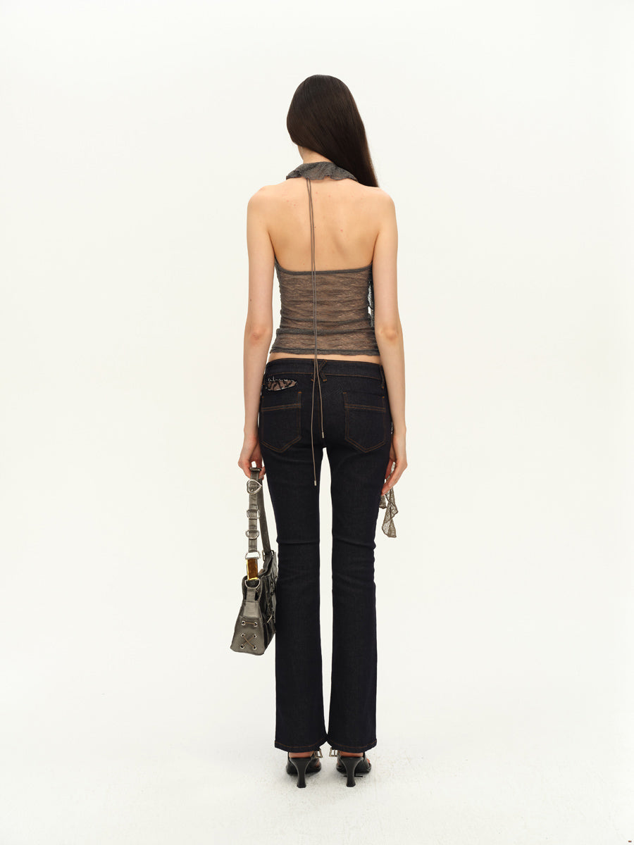 Dotyears Two-tone lace panel halterneck top