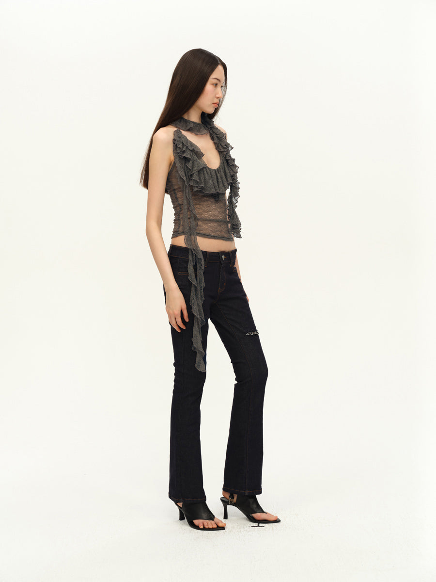 Dotyears Two-tone lace panel halterneck top