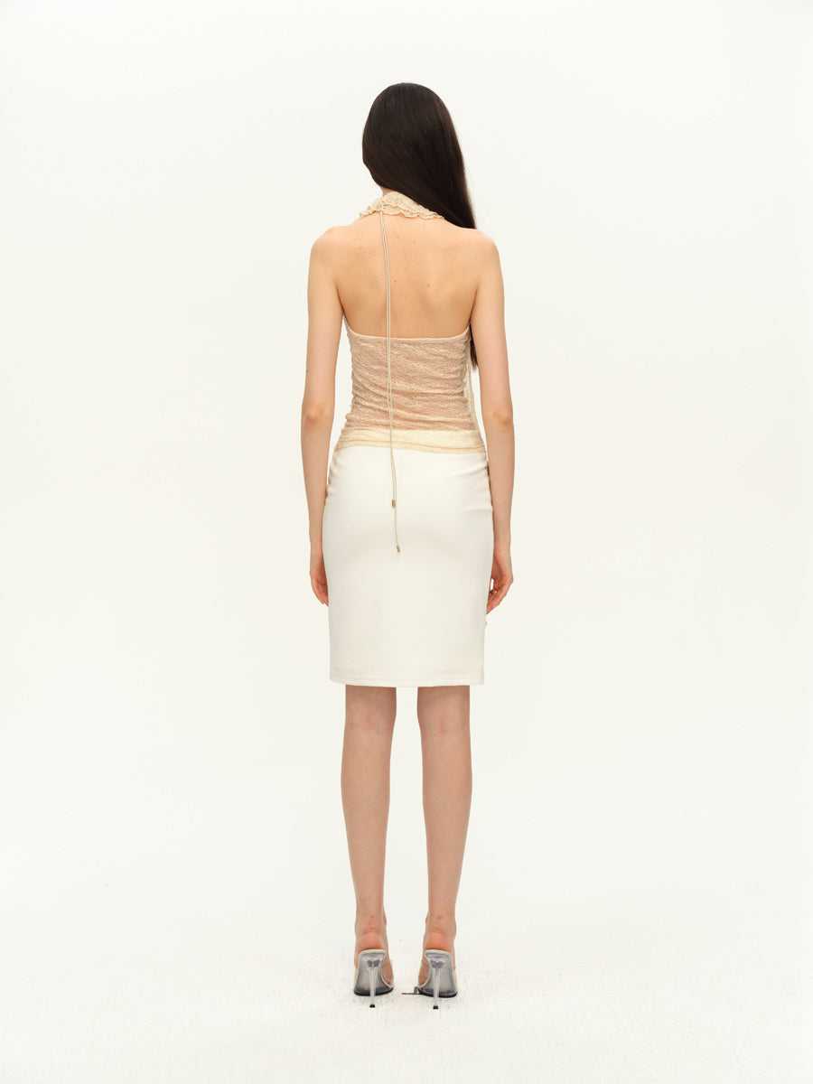 Dotyears Two-tone lace panel halterneck top