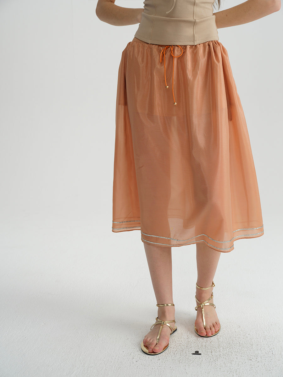 Dotyears Orange Tencel hem embroidered beaded skirt