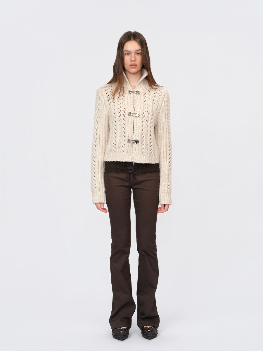 Dotyears Two-Tone Openwork Chunky Knit Cardigan with Wooden Buttons