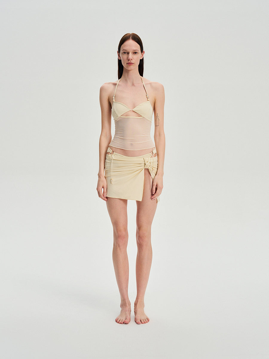 Dotyears Pale yellow mesh patchwork bikini set