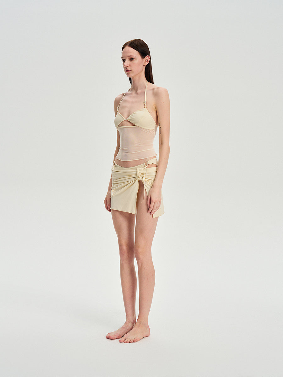 Dotyears Pale yellow mesh patchwork bikini set