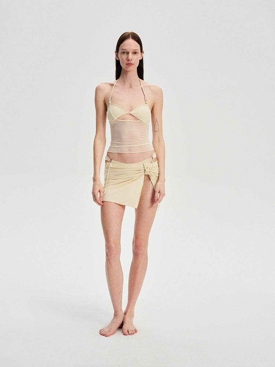 Dotyears Pale yellow mesh patchwork bikini set