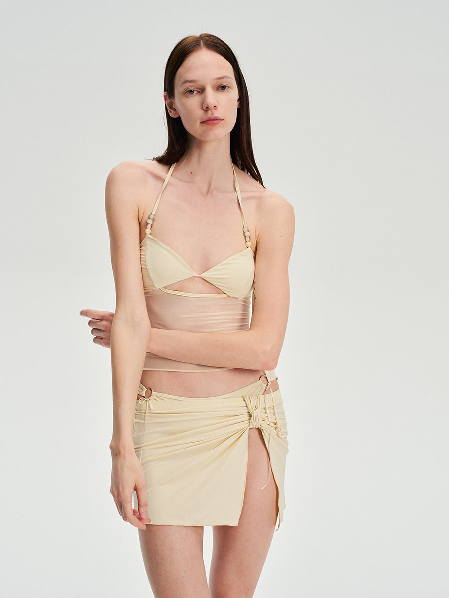 Dotyears Pale yellow mesh patchwork bikini set