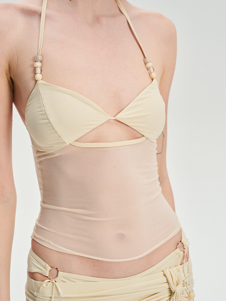 Dotyears Pale yellow mesh patchwork bikini set