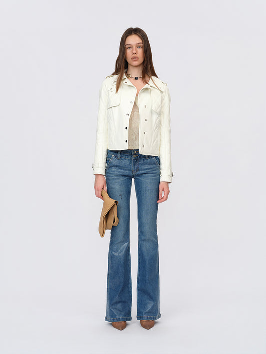 Dotyears White Slim-Fit Leather Jacket with Cotton-Knit Panels