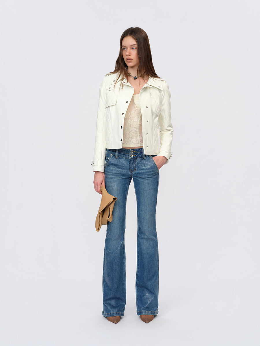 Dotyears White Slim-Fit Leather Jacket with Cotton-Knit Panels