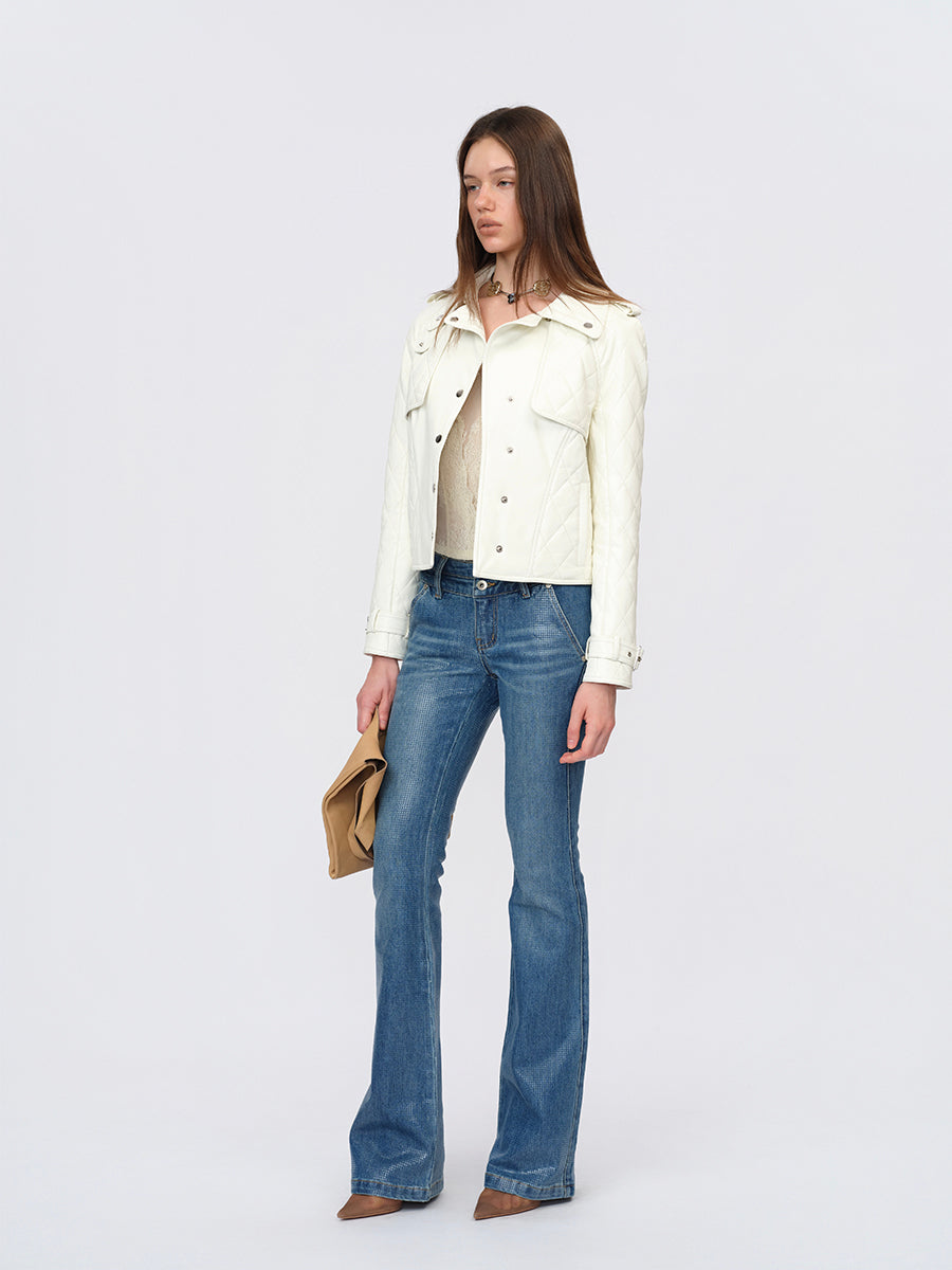 Dotyears White Slim-Fit Leather Jacket with Cotton-Knit Panels