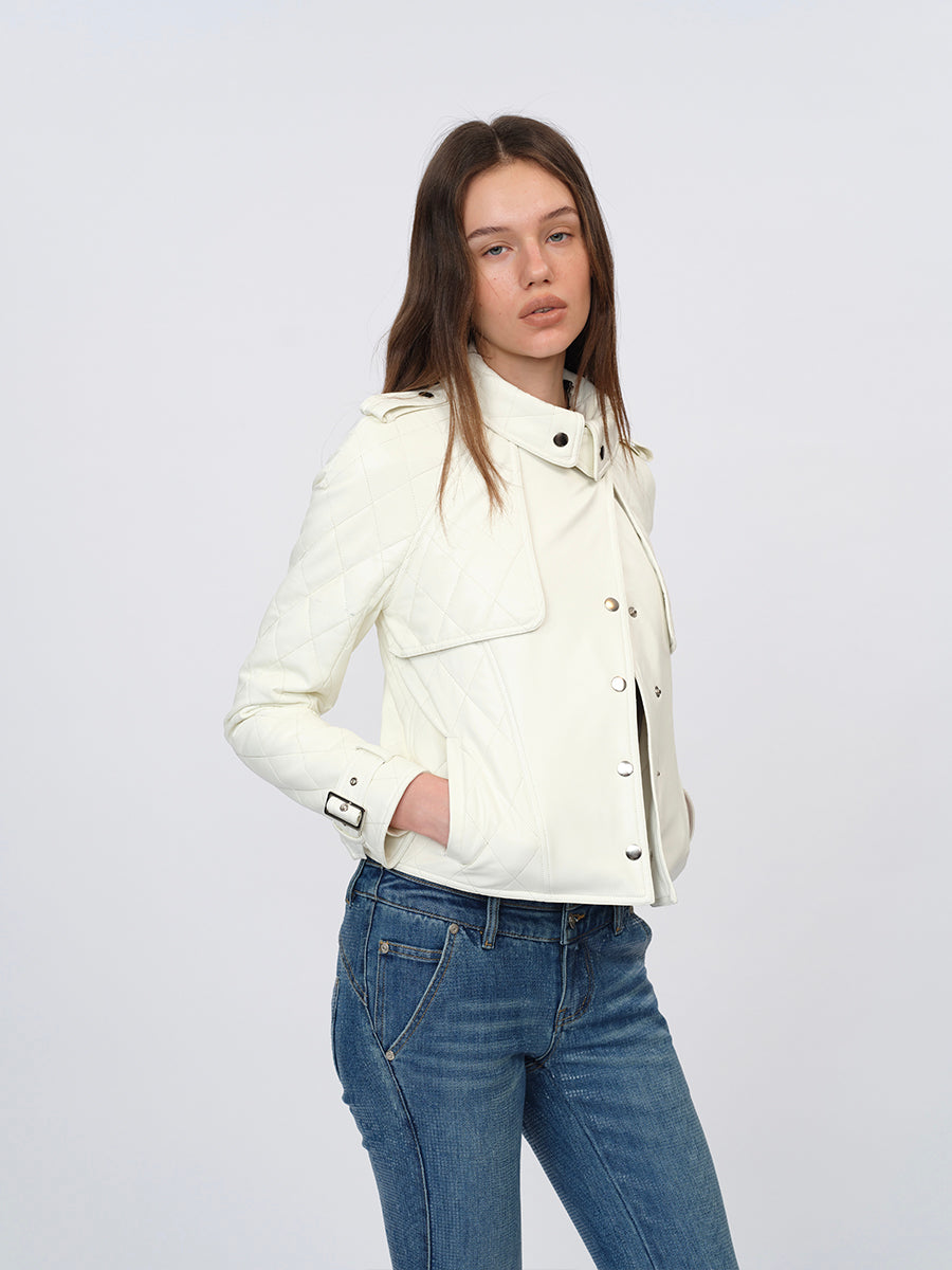 Dotyears White Slim-Fit Leather Jacket with Cotton-Knit Panels