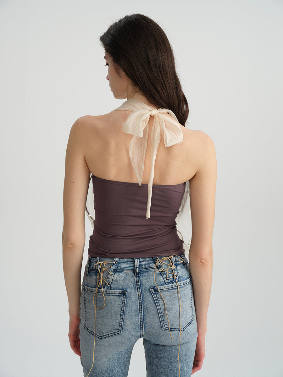 Dotyears Embroidered beaded yarn bandeau fake two-piece top