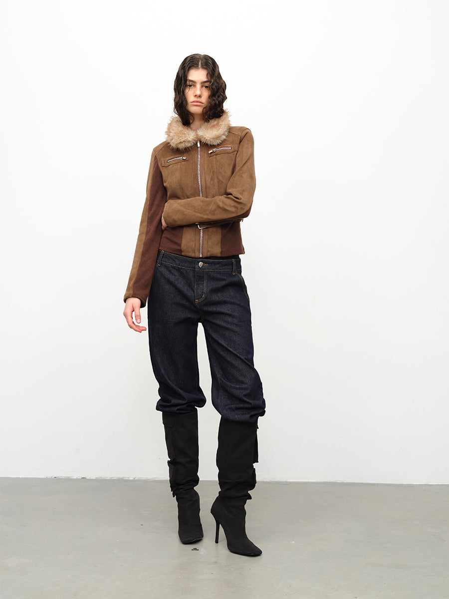 Dotyears24AW Fur collar panelled jacket jacket top
