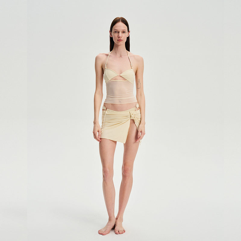 Dotyears Pale yellow mesh patchwork bikini set