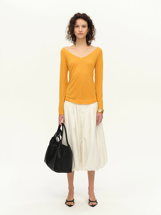 Hughum V-neck Tencel knit cut-out yellow black long sleeves