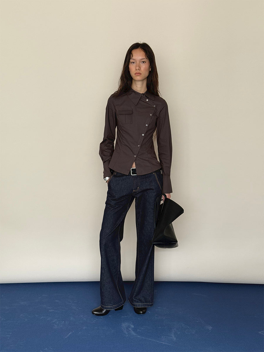 Hughum Café Brown Cotton Shirt with Asymmetric Placket and Waist Tie