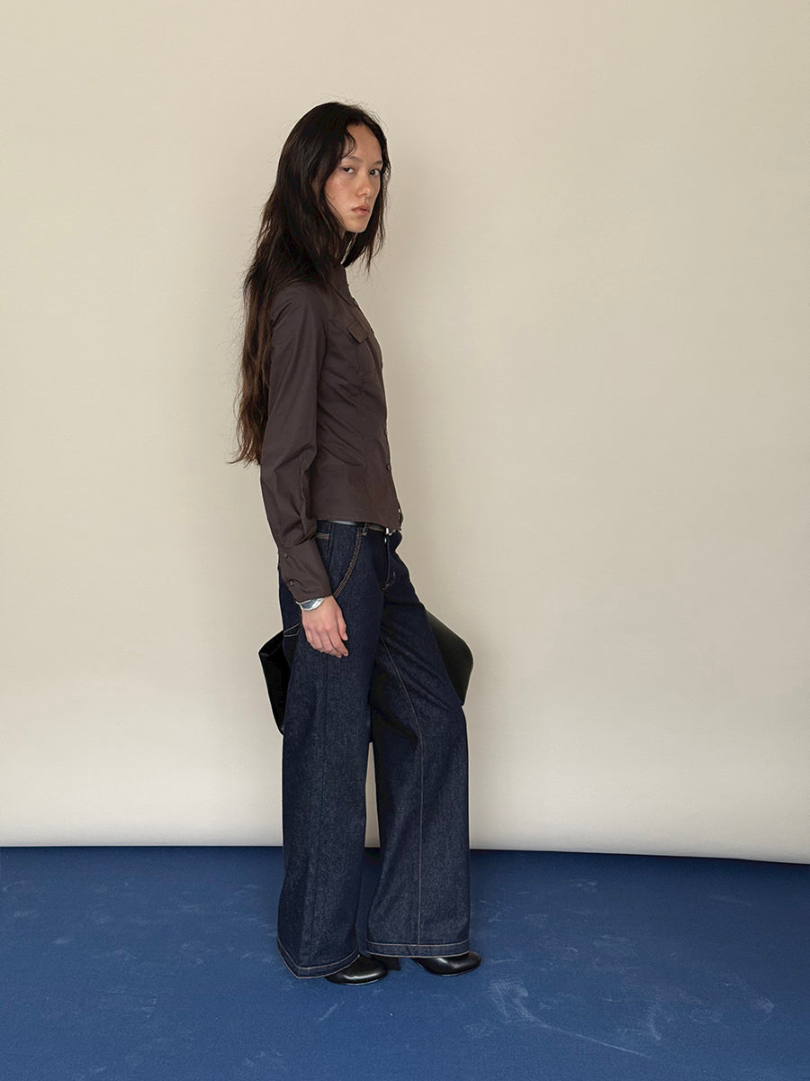 Hughum Café Brown Cotton Shirt with Asymmetric Placket and Waist Tie