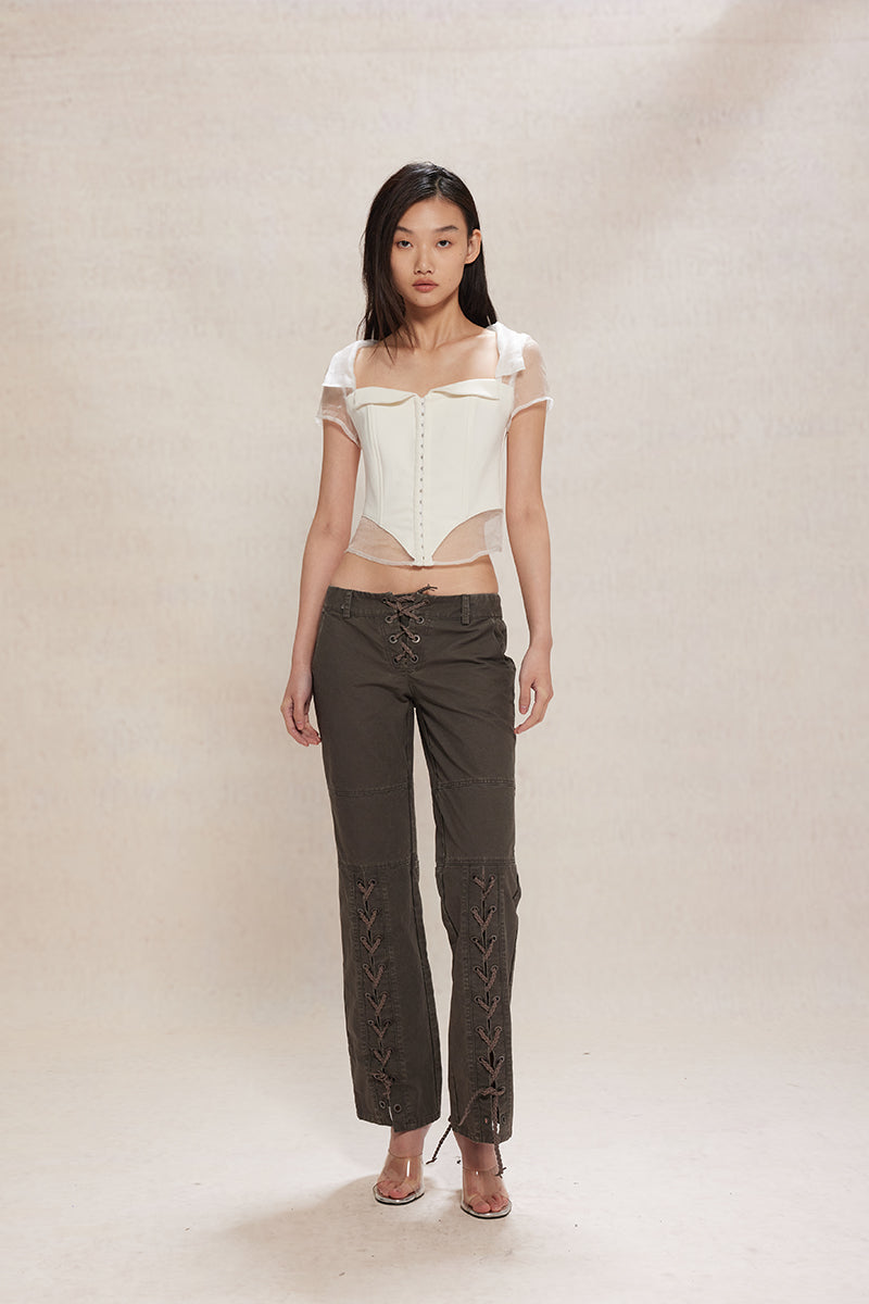 Dotyears24ss Lace-up design wash grey distressed straight-leg denim trousers