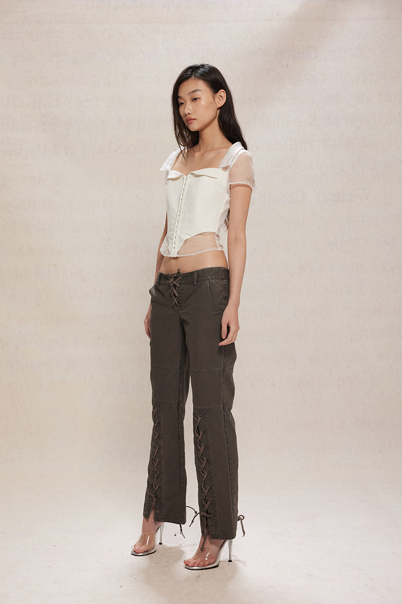 Dotyears24ss Lace-up design wash grey distressed straight-leg denim trousers