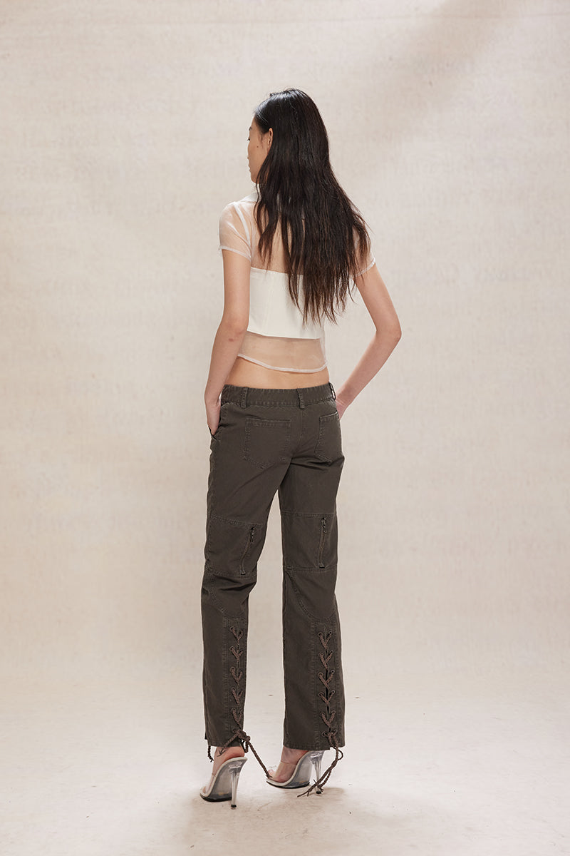 Dotyears24ss Lace-up design wash grey distressed straight-leg denim trousers